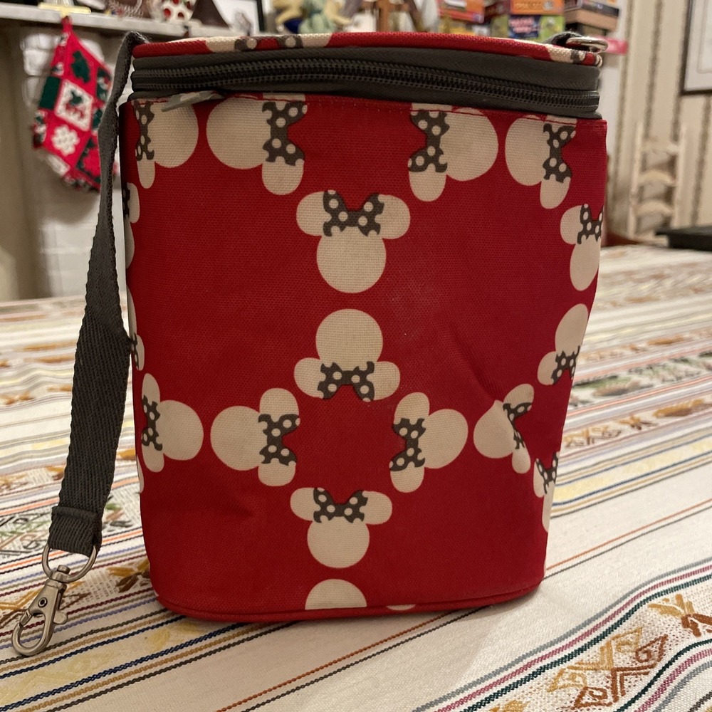 Baby Bottle Bag Insulated Minnie Mouse Disney Red Gray White Clip Strap‎